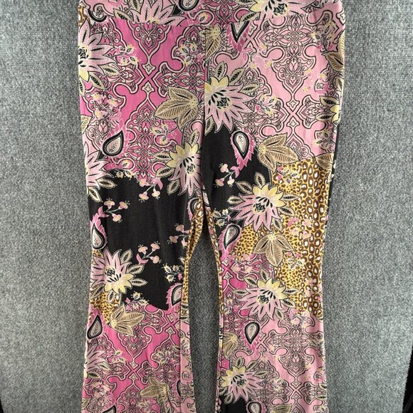 Bohemian Pink Black Paisley Floral Colorful Pants Women Soft Pull On Stretch XL - Picture 1 of 16